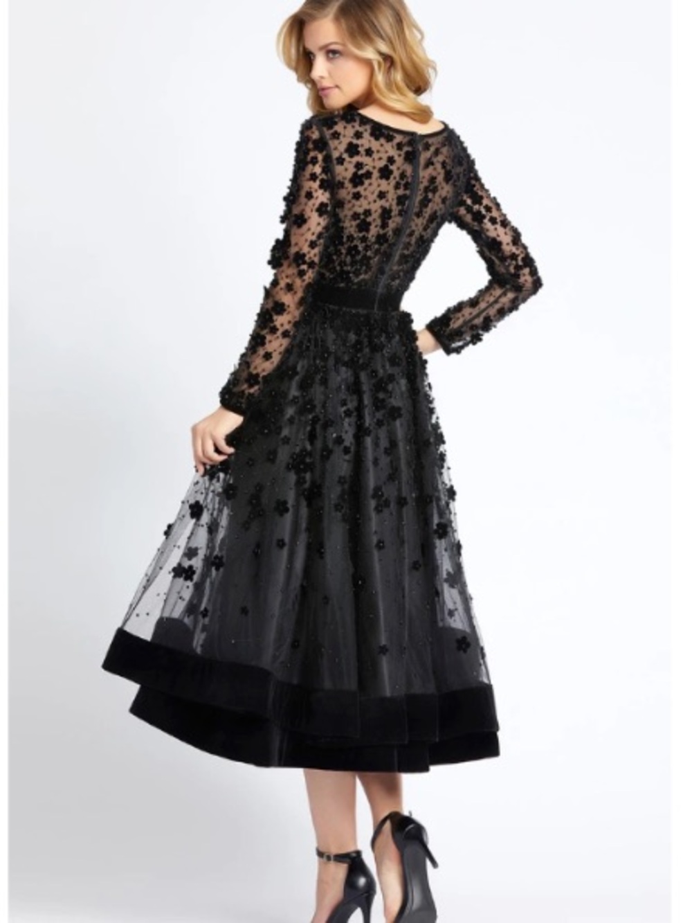 Mac Duggal Floral Appliqué Tea Dress in black - Picture 2 of 6